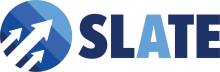 Dark blue and light blue text on a white background representing the SLATE logo